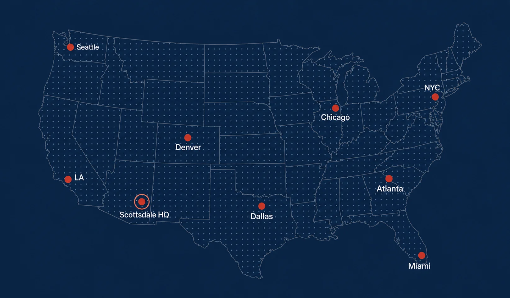 USA Radio Rentals coverage map — shipping nationwide from Scottsdale, AZ to Seattle, LA, Denver, Dallas, Chicago, Atlanta, New York and Miami
